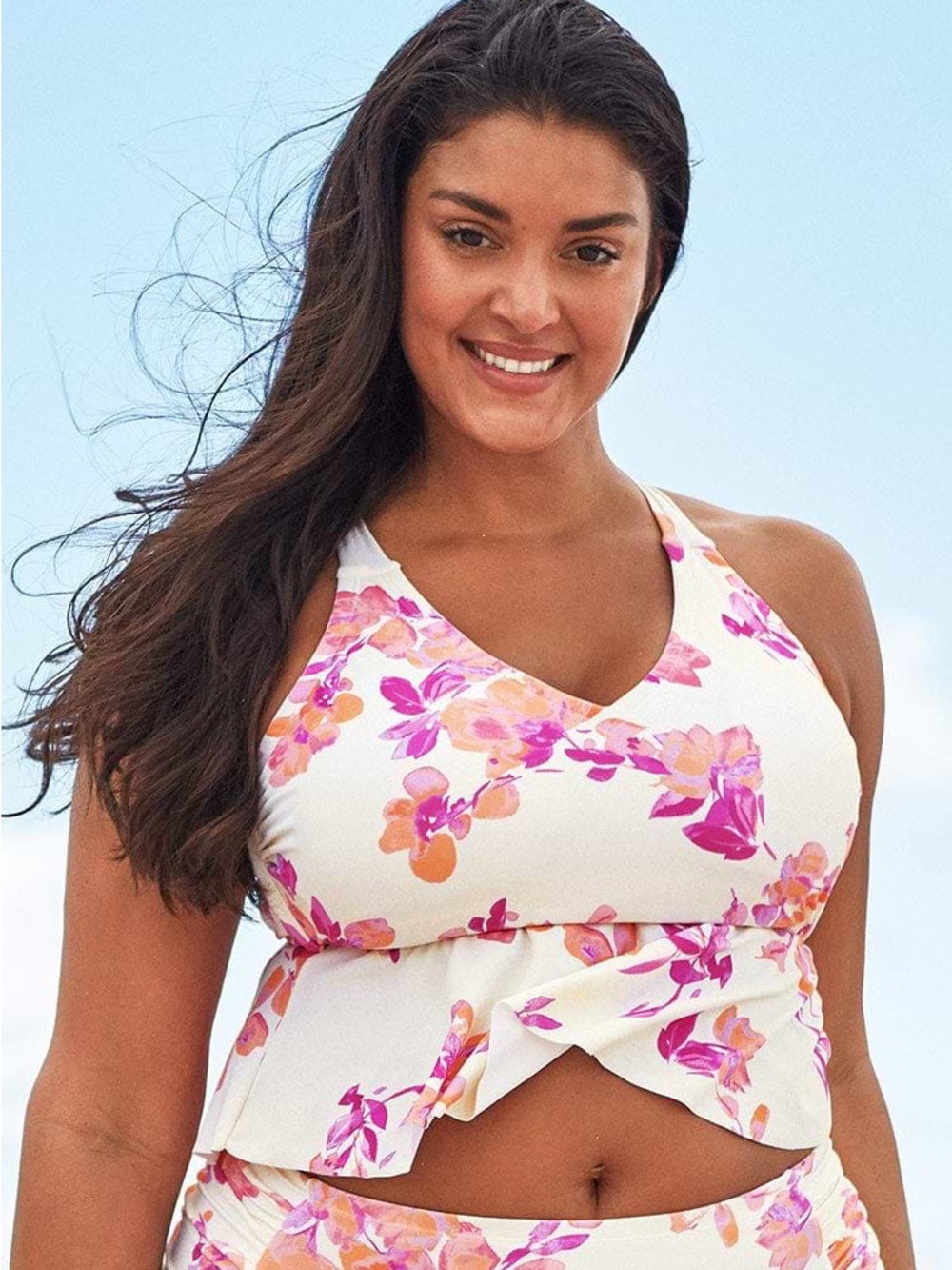 Cupshe Cream Tankini Top with Pink & Orange Floral Print
